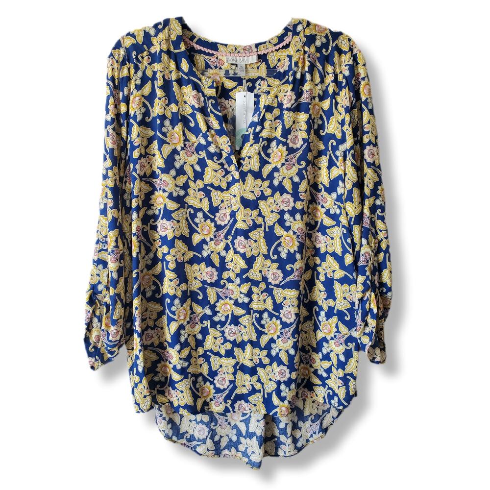 Women Pale Sky Blue Yellow Floral Blouse Top XL Boho Chic Classic Casual Relaxed